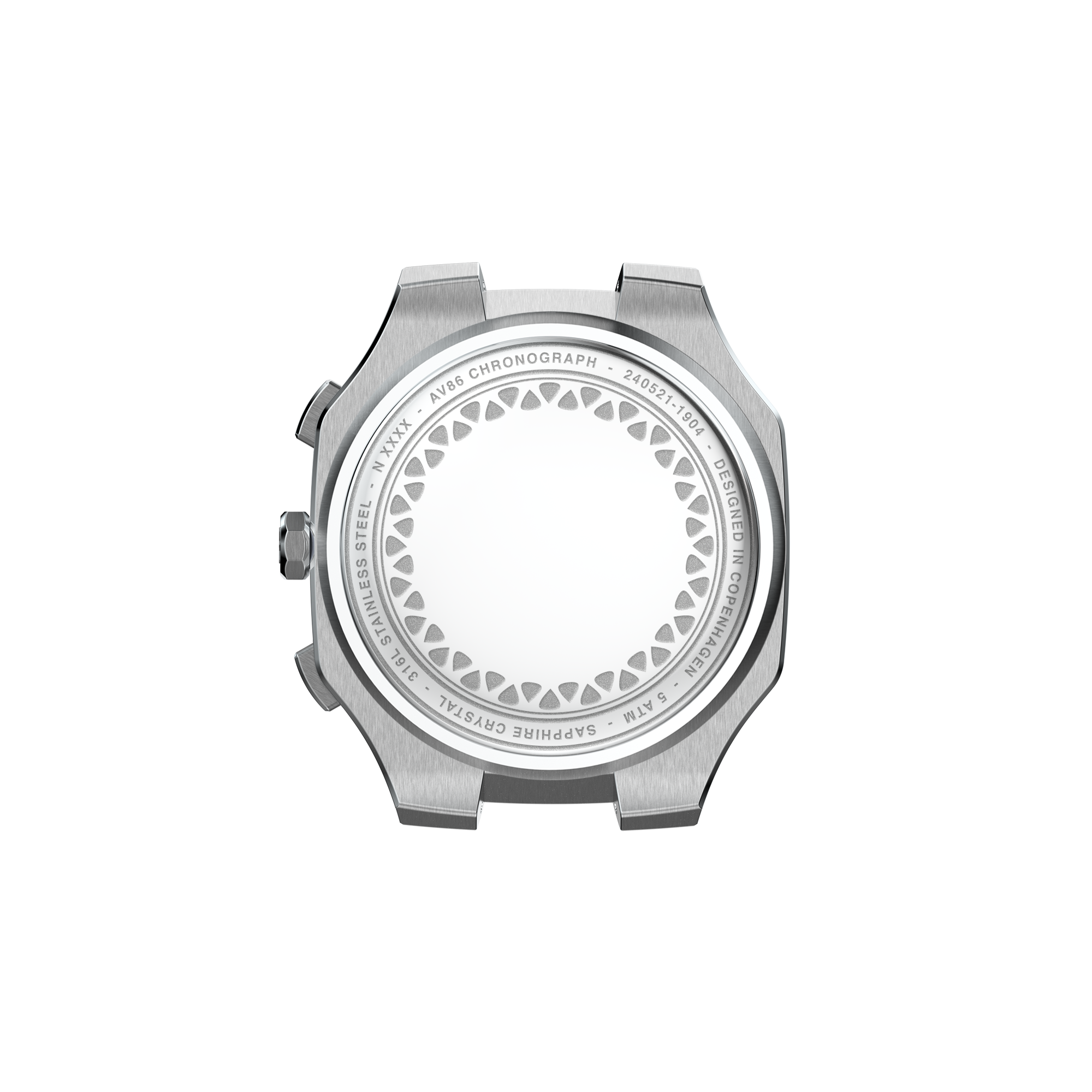 AV86 chronograph watch case back with sapphire crystal, stainless steel construction, and engraved decorative ring pattern