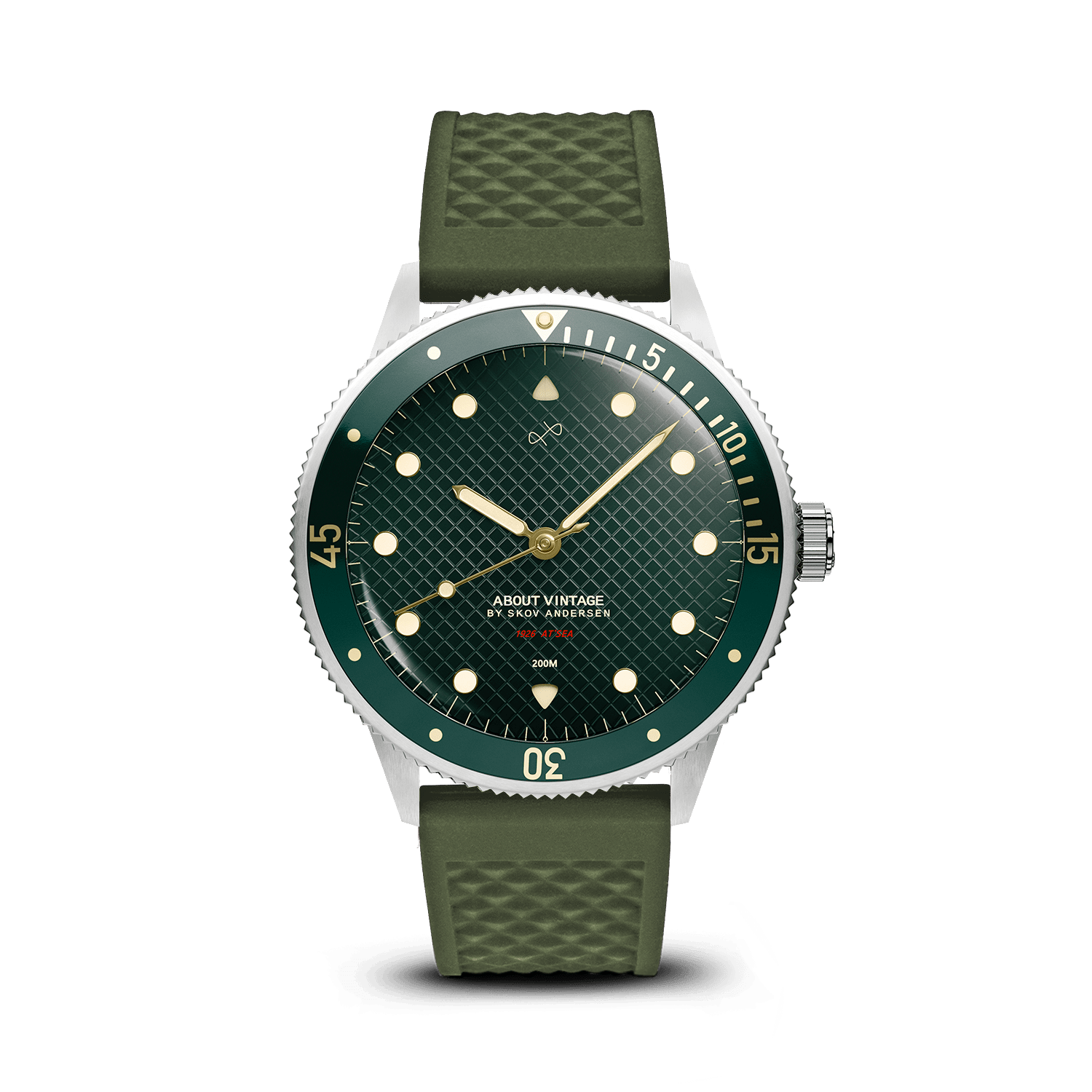 1926 At'sea, Green Turtle Vintage – AV86의 39mm 빈티지 스타일 다이버 워치. Sapphire Crystal, 텍스처 처리된 베젤, 러버 스트랩 적용