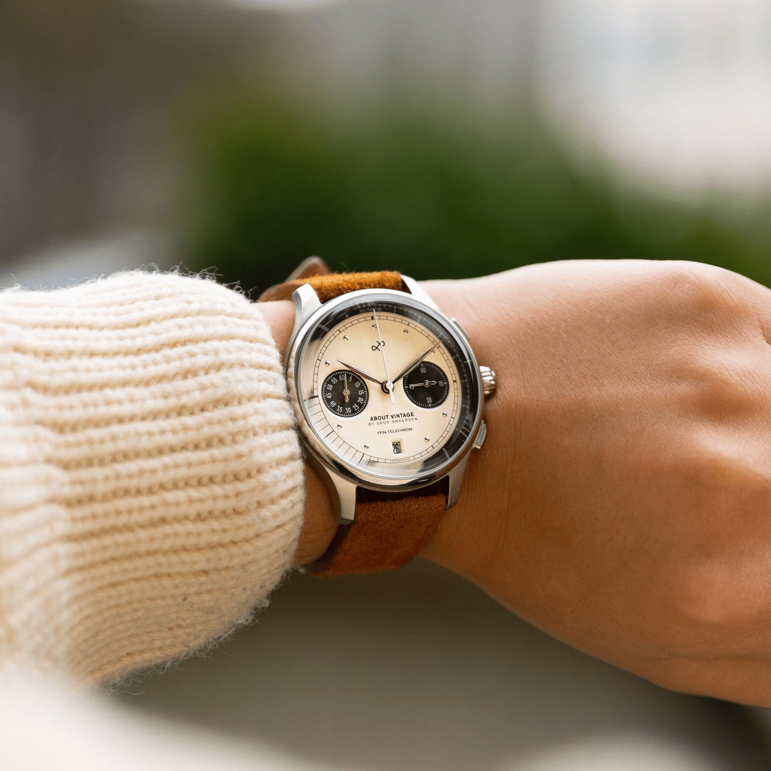 1934 Telechron by AV86 vintage-inspired chronograph with sapphire crystal, telemeter dial, and brown leather strap on wrist
