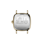 Case back of AV86 Amalfi watch engraved with Copenhagen skyline, sapphire crystal, and polished square cushion case.