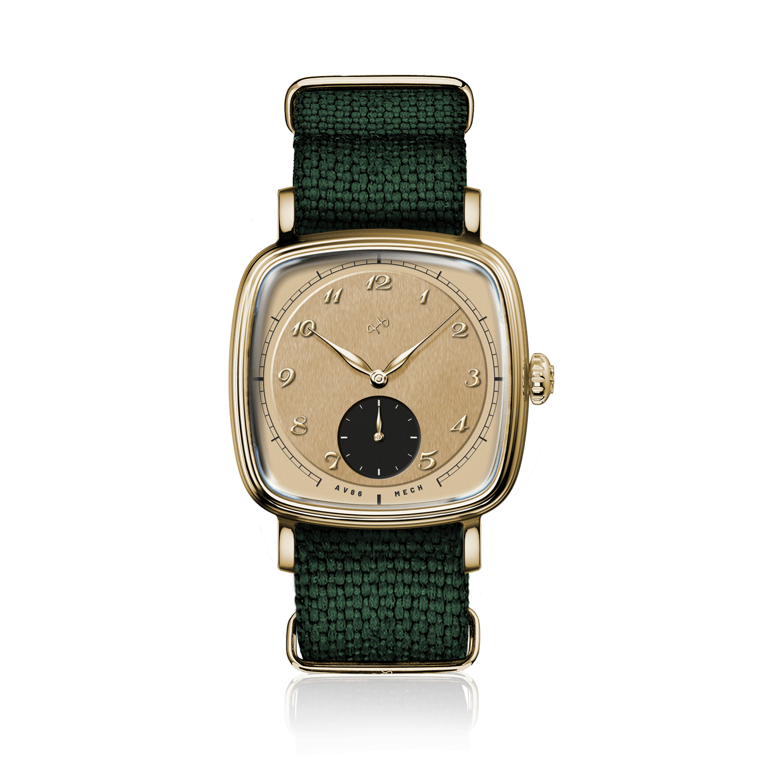 1954 Amalfi Mechanical by AV86, vintage-inspired mechanical watch with gold case, sapphire crystal, and textured fabric strap