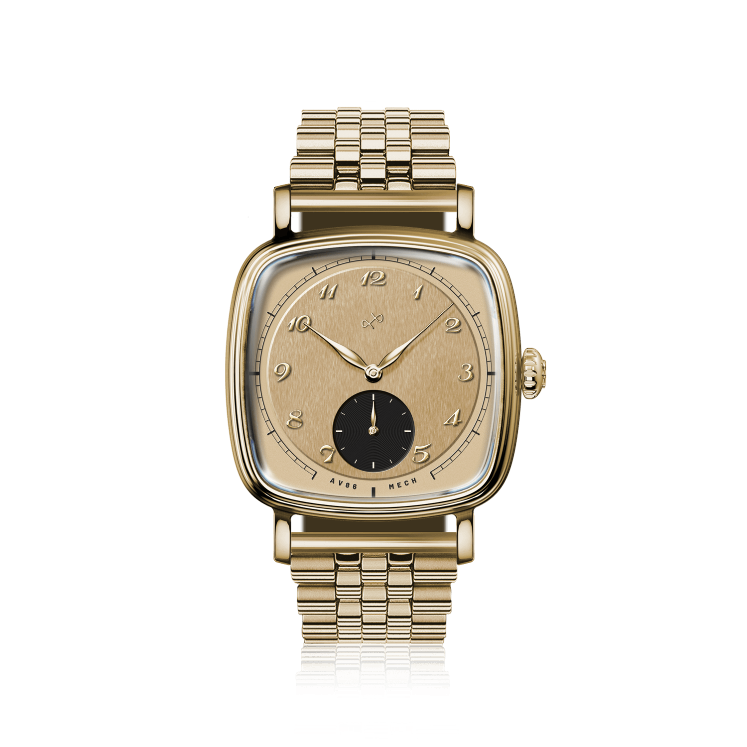 1954 Amalfi Mechanical by AV86, vintage-inspired mechanical watch with square case, gold bracelet, minimalist dial, and sub-seconds display