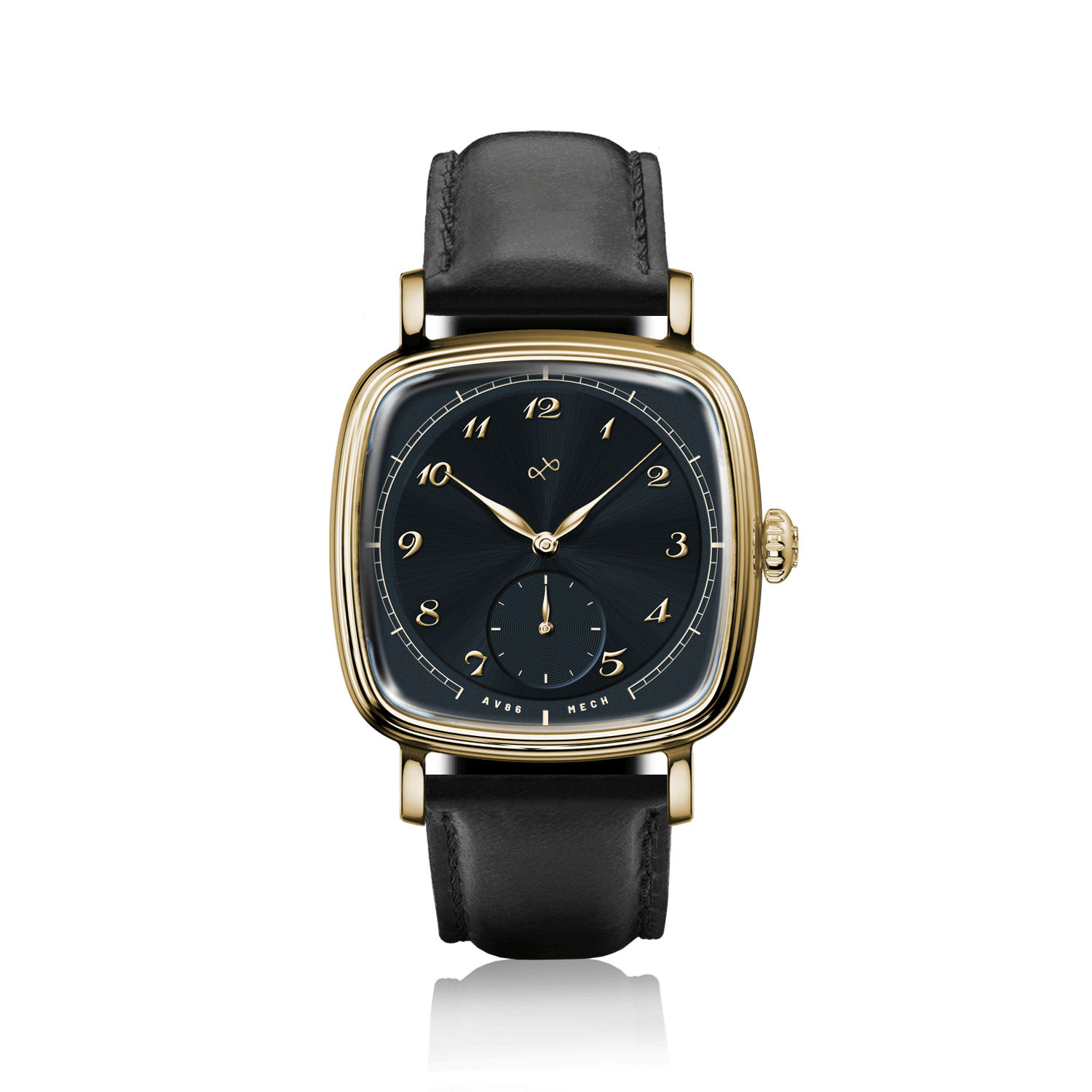 1954 Amalfi Mechanical by AV86 features a vintage-inspired mechanical watch with gold case, black dial, and black leather strap.