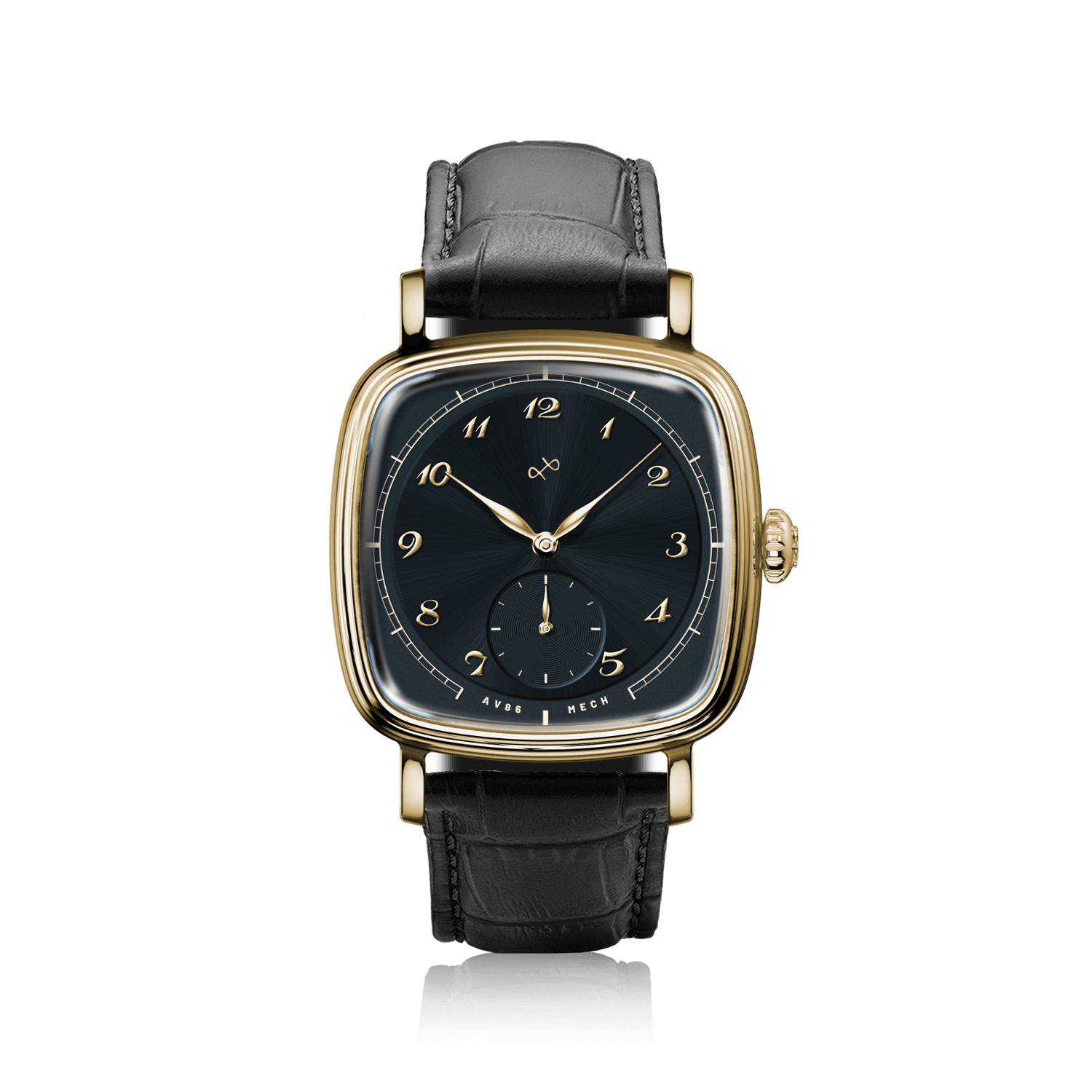 1954 Amalfi Mechanical by AV86, vintage-inspired dress watch with cushion case, sapphire crystal, and leather strap, Nordic minimalism design.
