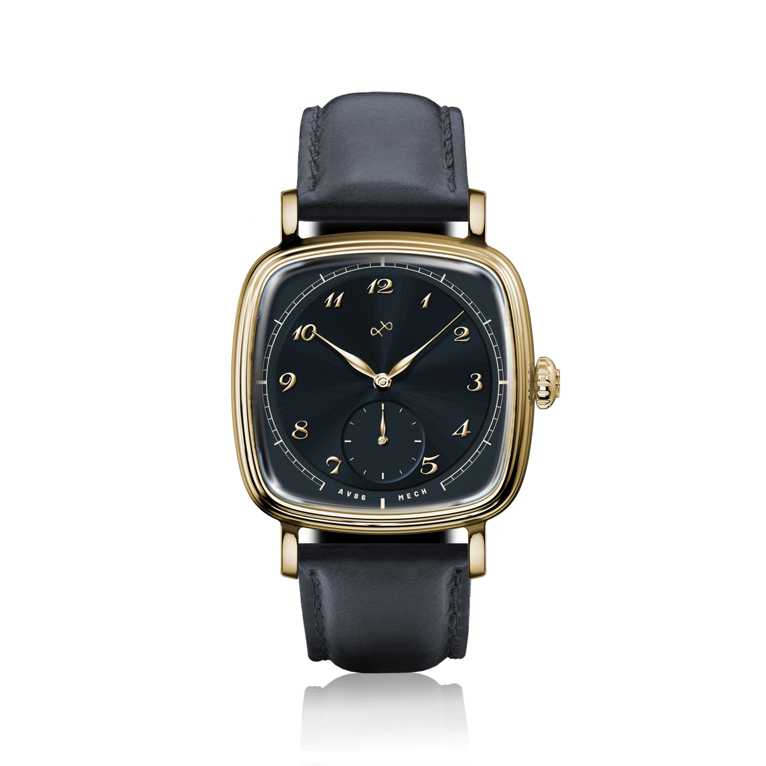1954 Amalfi Mechanical by AV86 with vintage-inspired square gold case, black dial, Arabic numerals, and black leather strap luxury timepiece