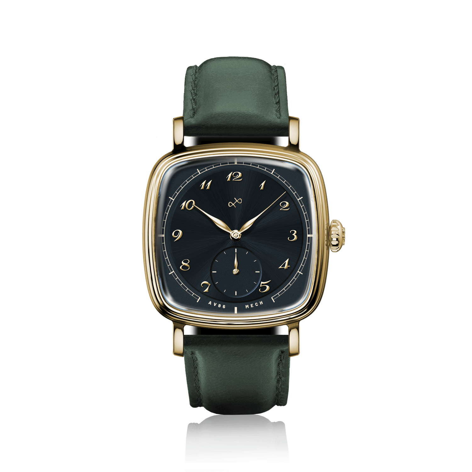 1954 Amalfi Mechanical, Gold / Midnight Blue by AV86 luxury dress watch with polished gold case, mechanical small seconds, and leather strap