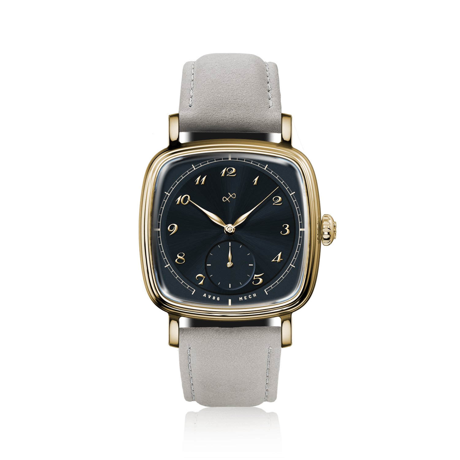1954 Amalfi Mechanical by AV86 with a square gold case, vintage-inspired dial, sapphire crystal, and leather strap luxury timepiece