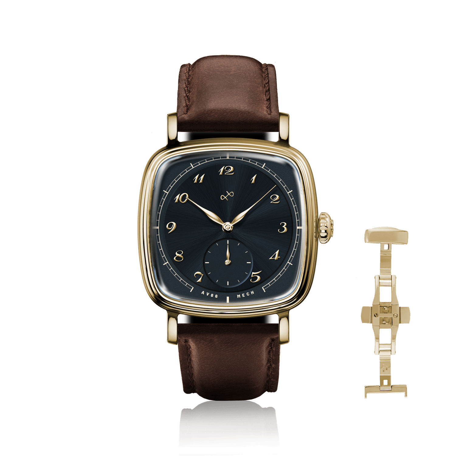 1954 Amalfi Mechanical by AV86, vintage-inspired mechanical watch with sapphire crystal, gold case, and brown leather strap, Danish design.
