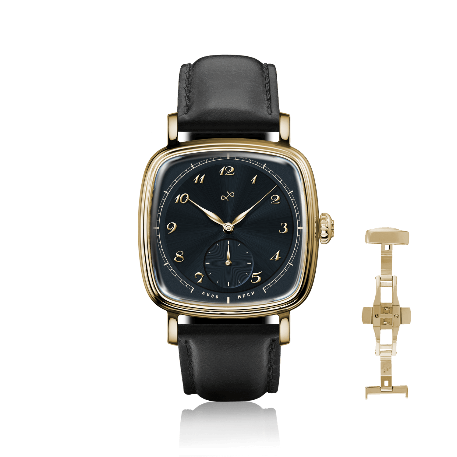 1954 Amalfi Mechanical by AV86 luxury dress watch with polished gold case, mechanical small seconds, sapphire crystal, and black leather strap