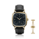 1954 Amalfi Mechanical by AV86, vintage-inspired dress watch with gold case, black dial, Arabic numerals, and black leather strap.