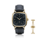 1954 Amalfi Mechanical by AV86, vintage-inspired dress watch with gold case, black dial, Arabic numerals, and black leather strap