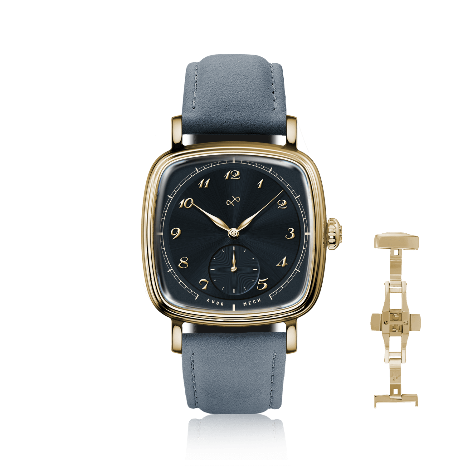 1954 Amalfi Mechanical by AV86 features a vintage-inspired mechanical watch with cushion case, sapphire crystal, and leather strap.