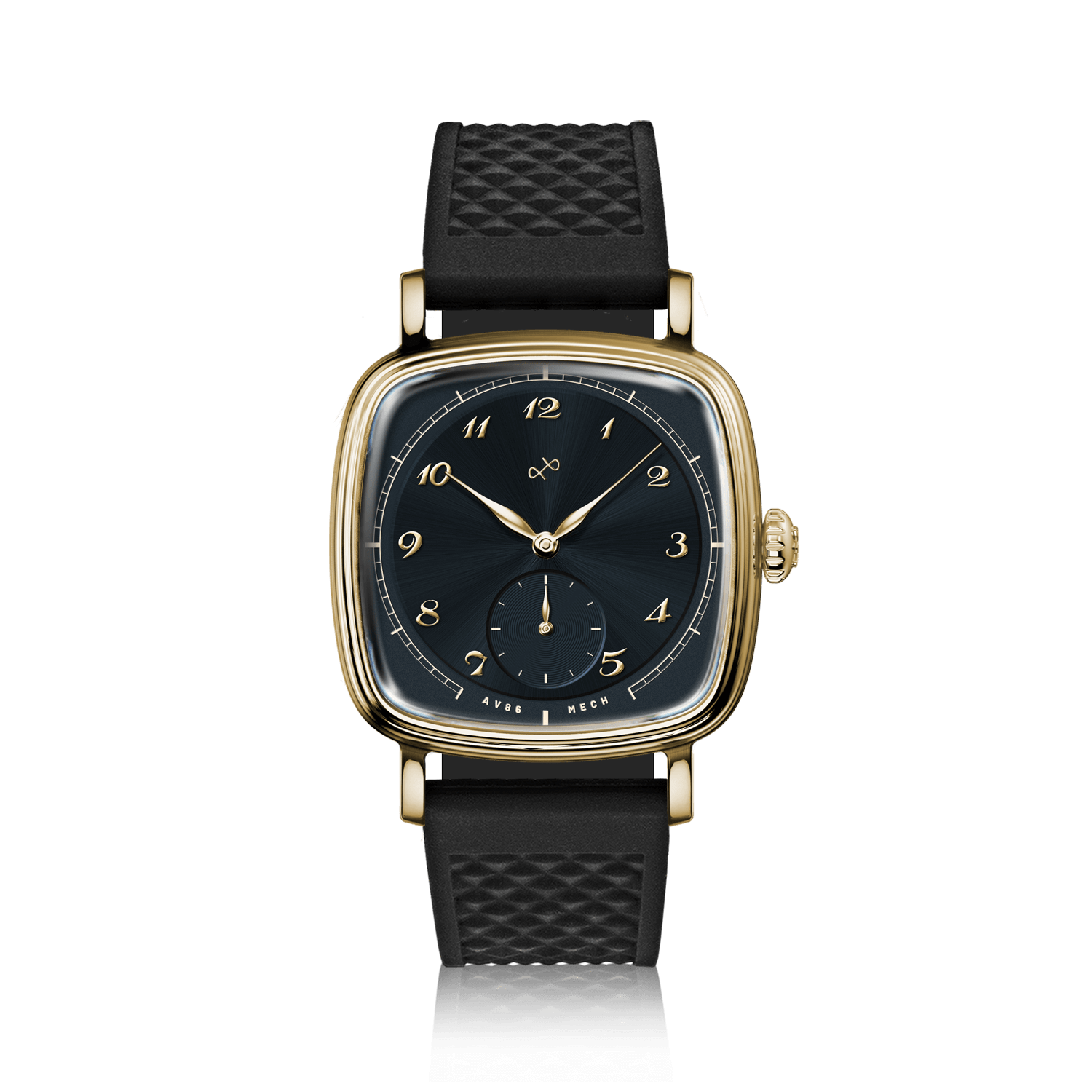 1954 Amalfi Mechanical by AV86, vintage-inspired mechanical watch with cushion case, sapphire crystal, and textured rubber strap