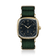 1954 Amalfi Mechanical by AV86, vintage-inspired automatic watch with gold case, black dial, Arabic numerals, and fabric strap