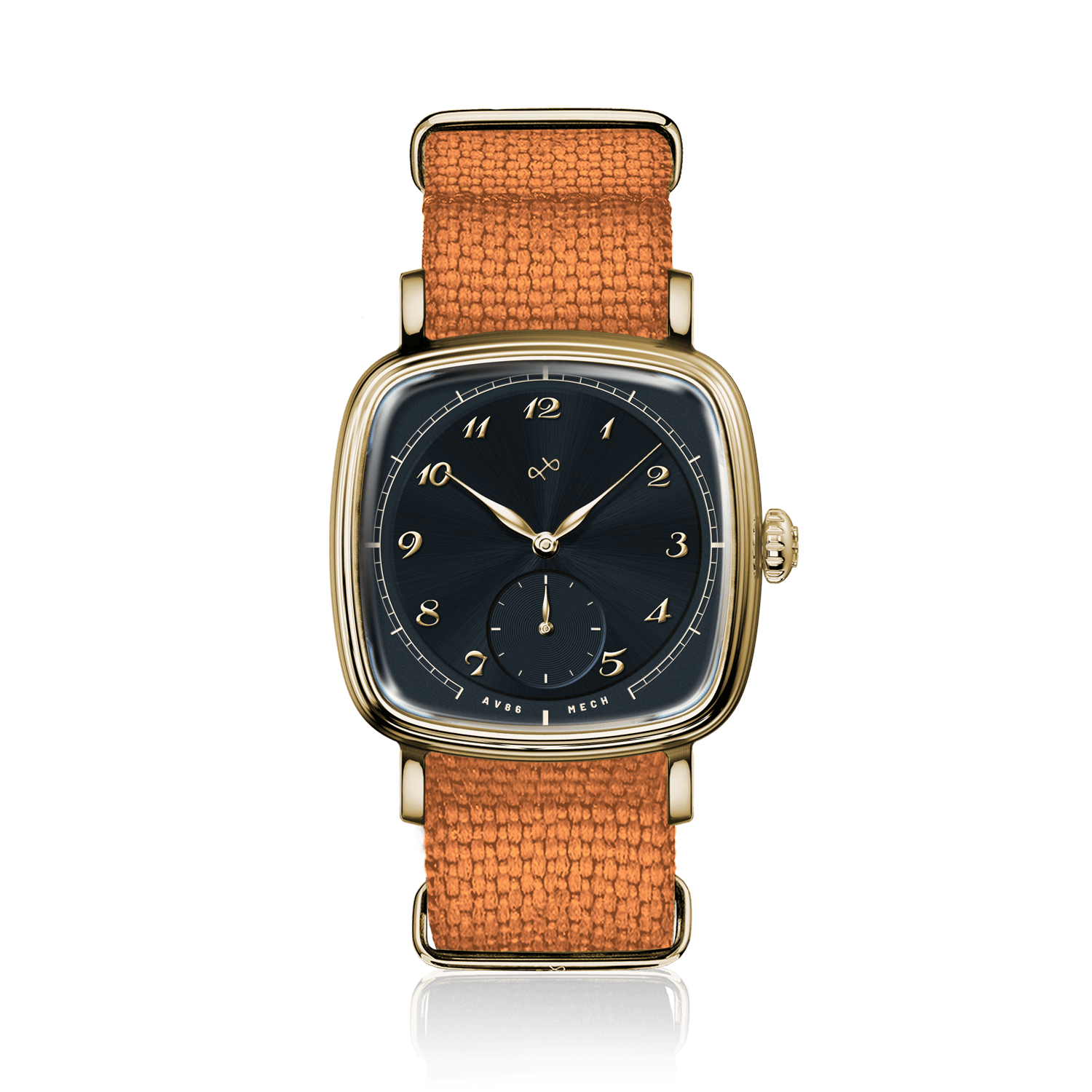 1954 Amalfi Mechanical by AV86 features a vintage-inspired mechanical watch with a curved square gold case and textured leather strap.