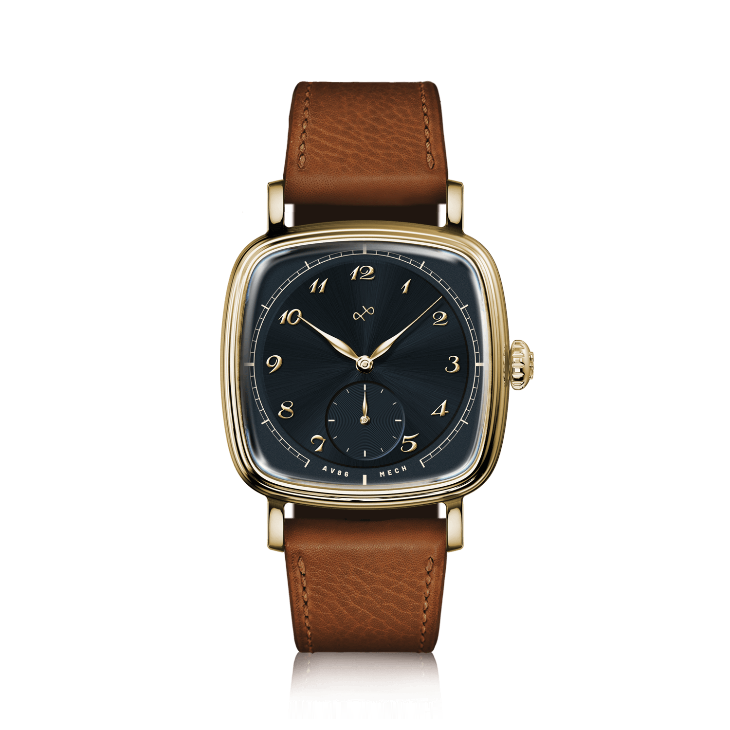1954 Amalfi Mechanical by AV86 luxury vintage-inspired watch with gold case, black dial, and brown leather strap, sapphire crystal
