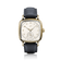 1954 Amalfi Mechanical by AV86 dress watch with polished gold cushion case, off-white dial, small seconds, and black leather strap