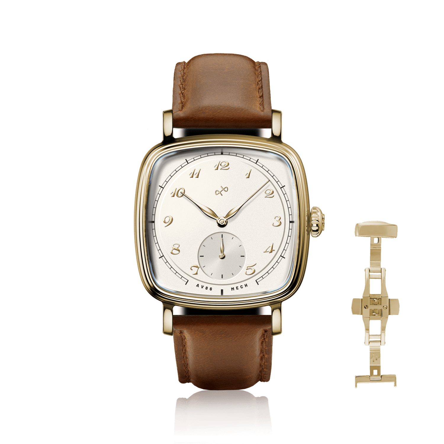 1954 Amalfi Mechanical by AV86 luxury dress watch with polished cushion case, vintage dial, small seconds, sapphire crystal, brown leather strap, deployant clasp