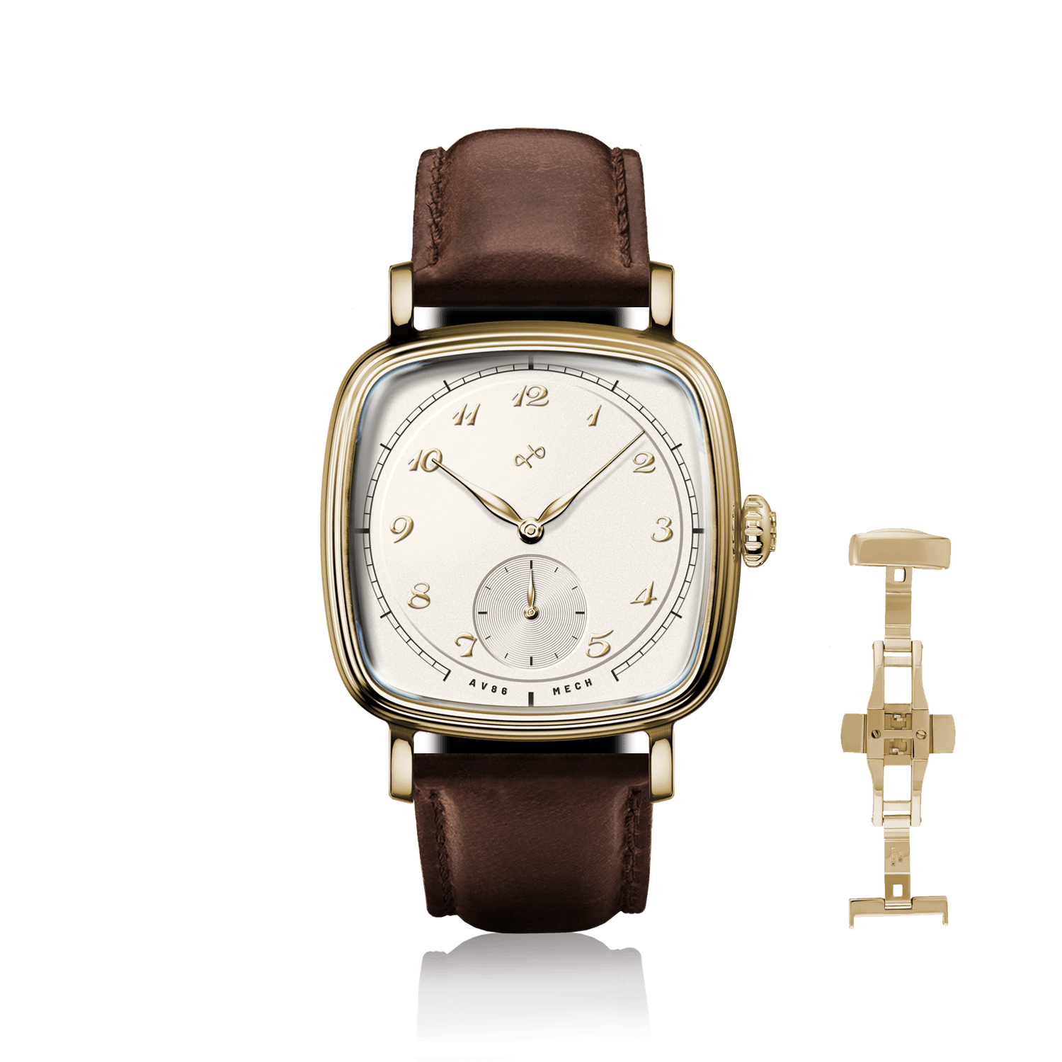 1954 Amalfi Mechanical by AV86 luxury dress watch with polished cushion case, off-white dial, small seconds, sapphire crystal, brown leather strap, deployant clasp