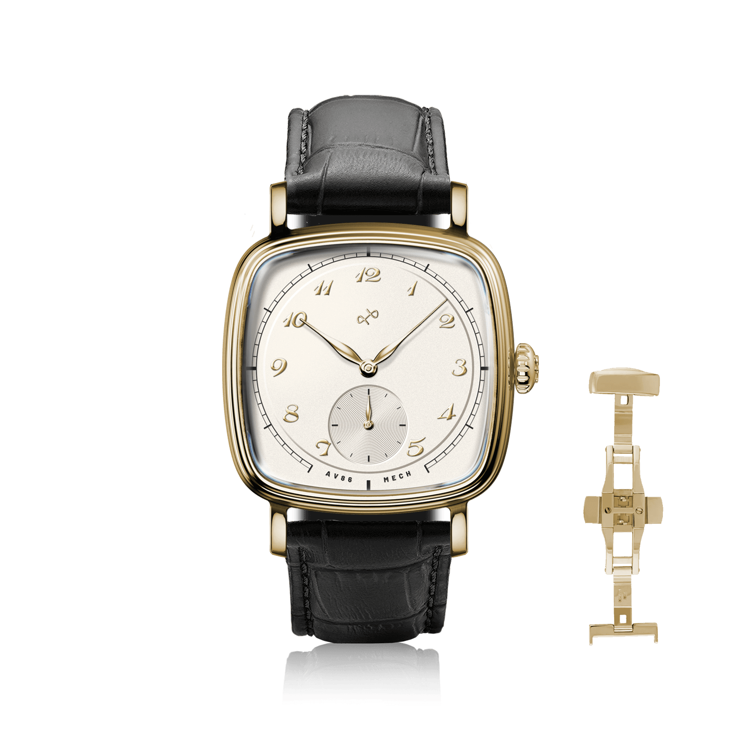1954 Amalfi Mechanical by AV86 luxury dress watch with polished gold cushion case, off-white dial, small seconds, leather strap, deployant clasp