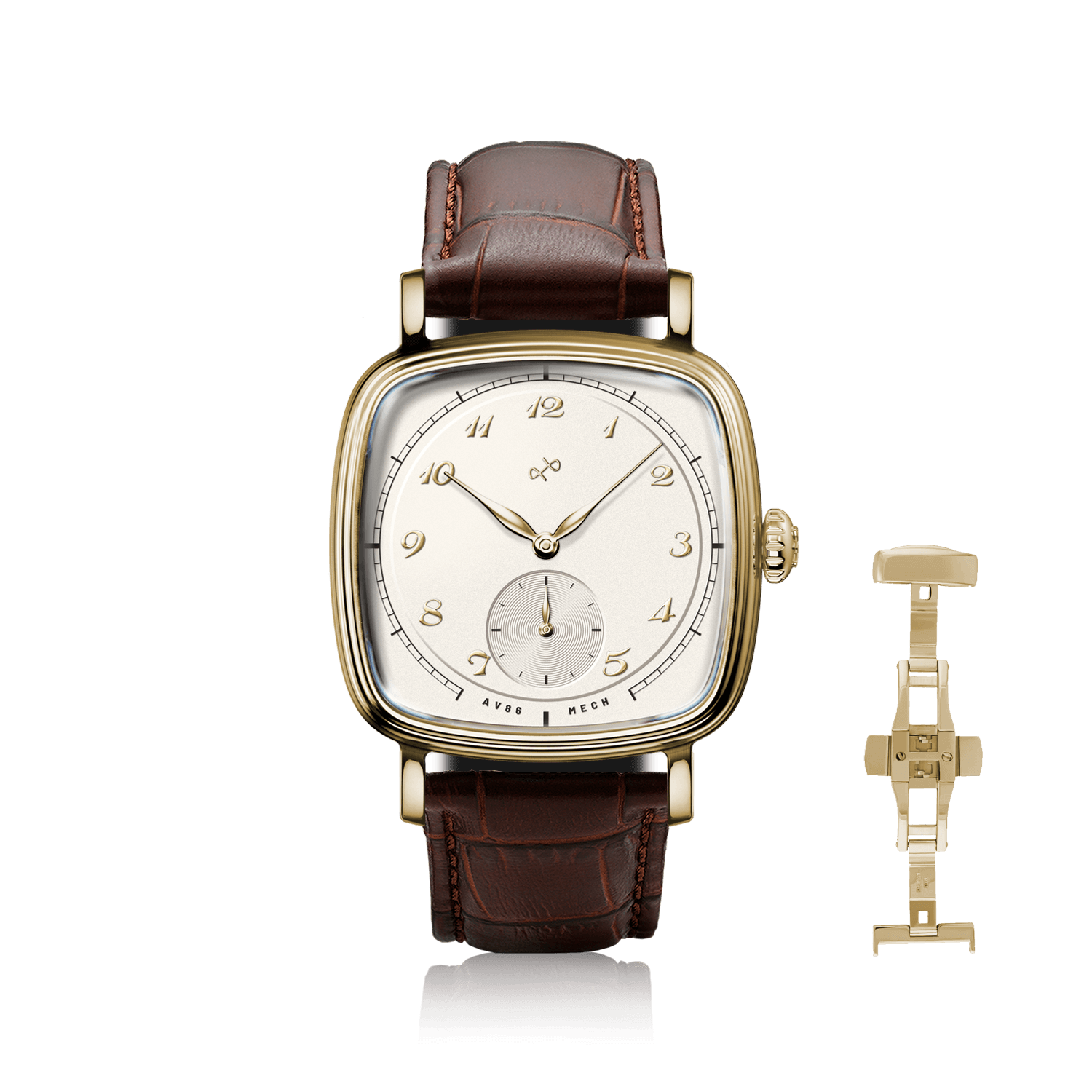 1954 Amalfi Mechanical by AV86 luxury dress watch with polished cushion case, vintage off-white dial, small seconds, leather strap, deployant clasp