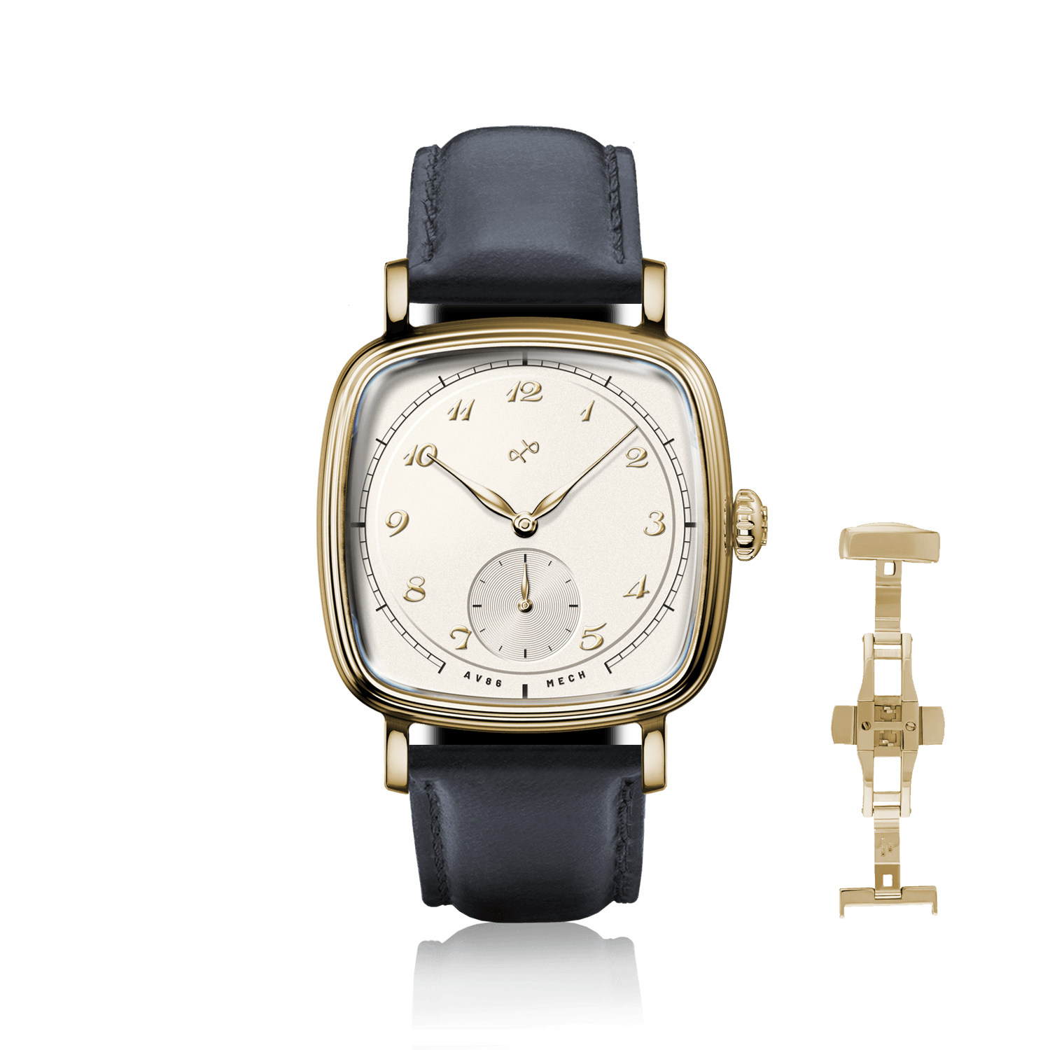 1954 Amalfi Mechanical by AV86 dress watch with polished gold cushion case, vintage dial, small seconds, leather strap, deployant clasp
