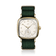 1954 Amalfi Mechanical, Gold / Off White by AV86 luxury dress watch with polished gold cushion case, vintage dial, small seconds, green fabric strap
