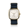 1954 Amalfi Mechanical by AV86 luxury dress watch with polished gold cushion case, small seconds, vintage dial, navy woven textile strap