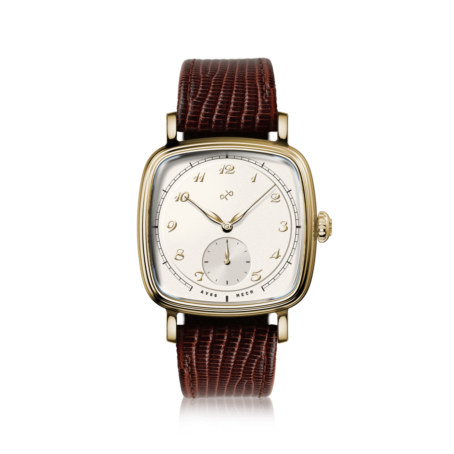 1954 Amalfi Mechanical by AV86 with polished cushion case, vintage-inspired dial, small seconds subdial, sapphire crystal, brown leather strap