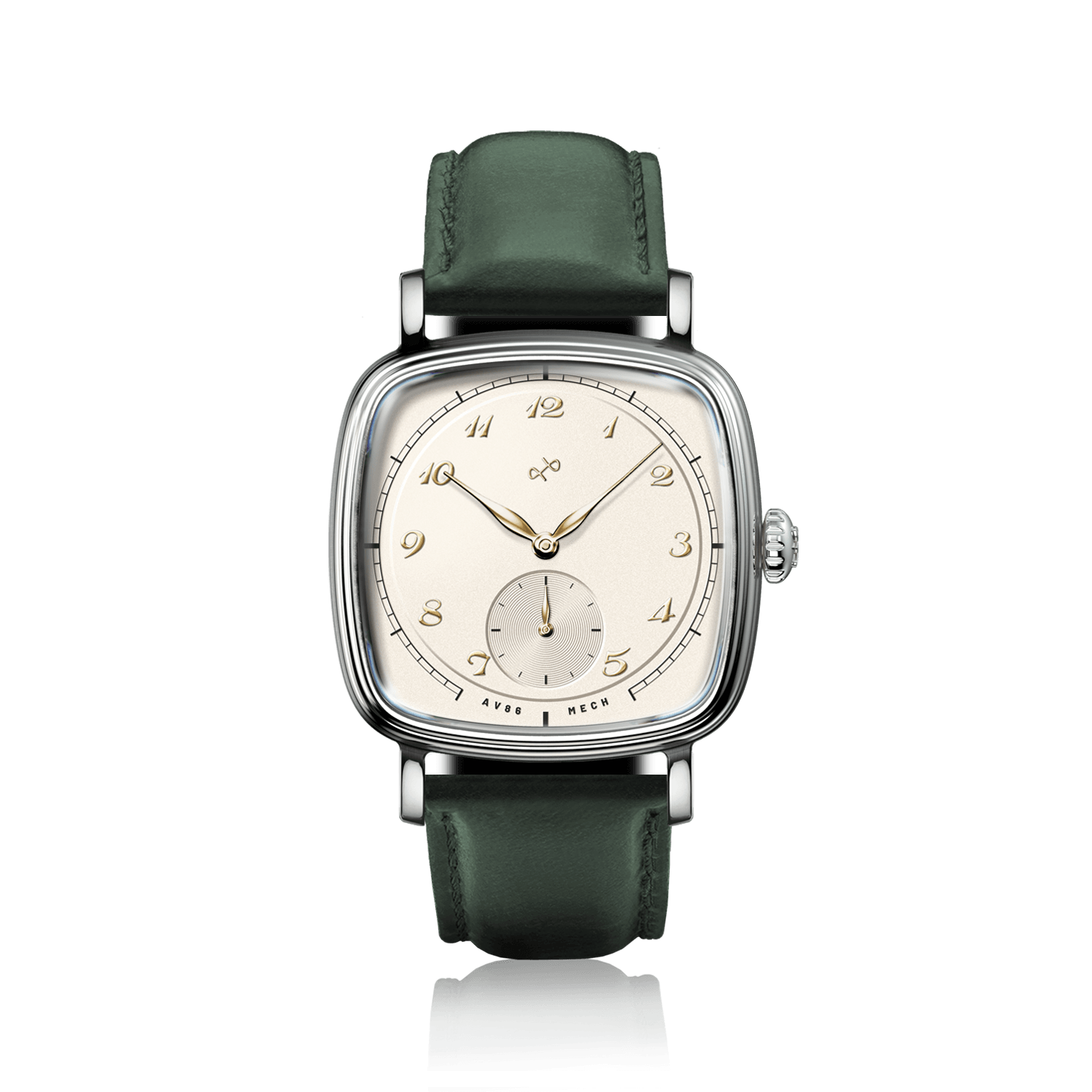 1954 Amalfi Mechanical, Steel / Off White by AV86 with dark green leather strap and vintage-inspired design details