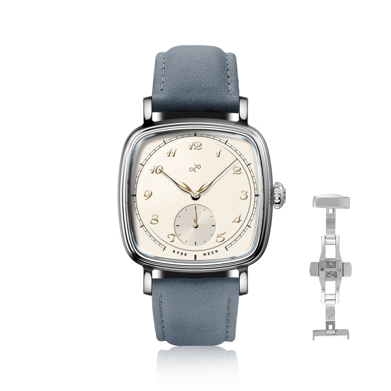 1954 Amalfi Mechanical, Steel / Off White with blue suede leather strap by AV86, showcasing vintage-inspired Danish design and horological excellence.