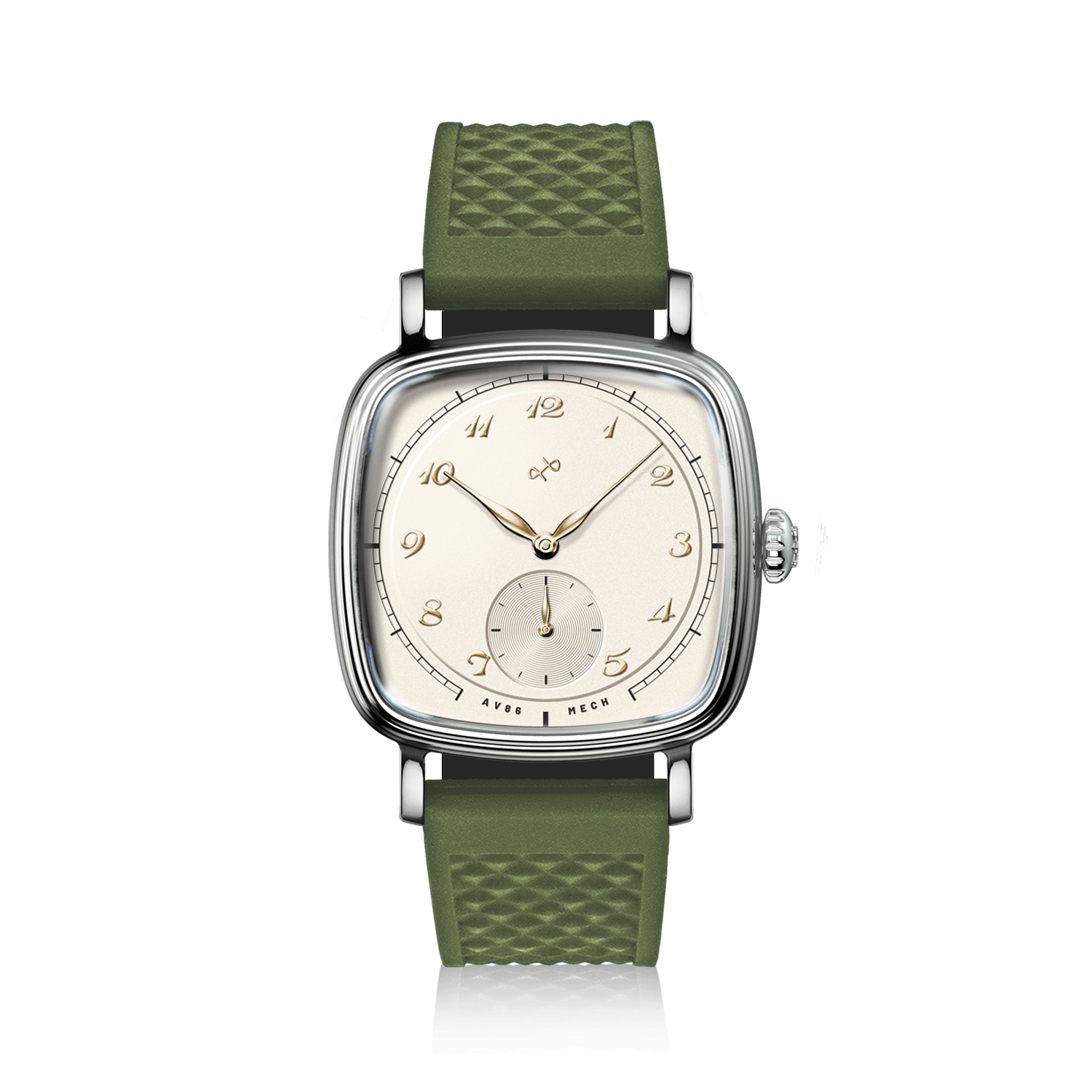 1954 Amalfi Mechanical, Steel / Off White by AV86 featuring a vintage-inspired dial and green textured silicone strap with Danish design flair.