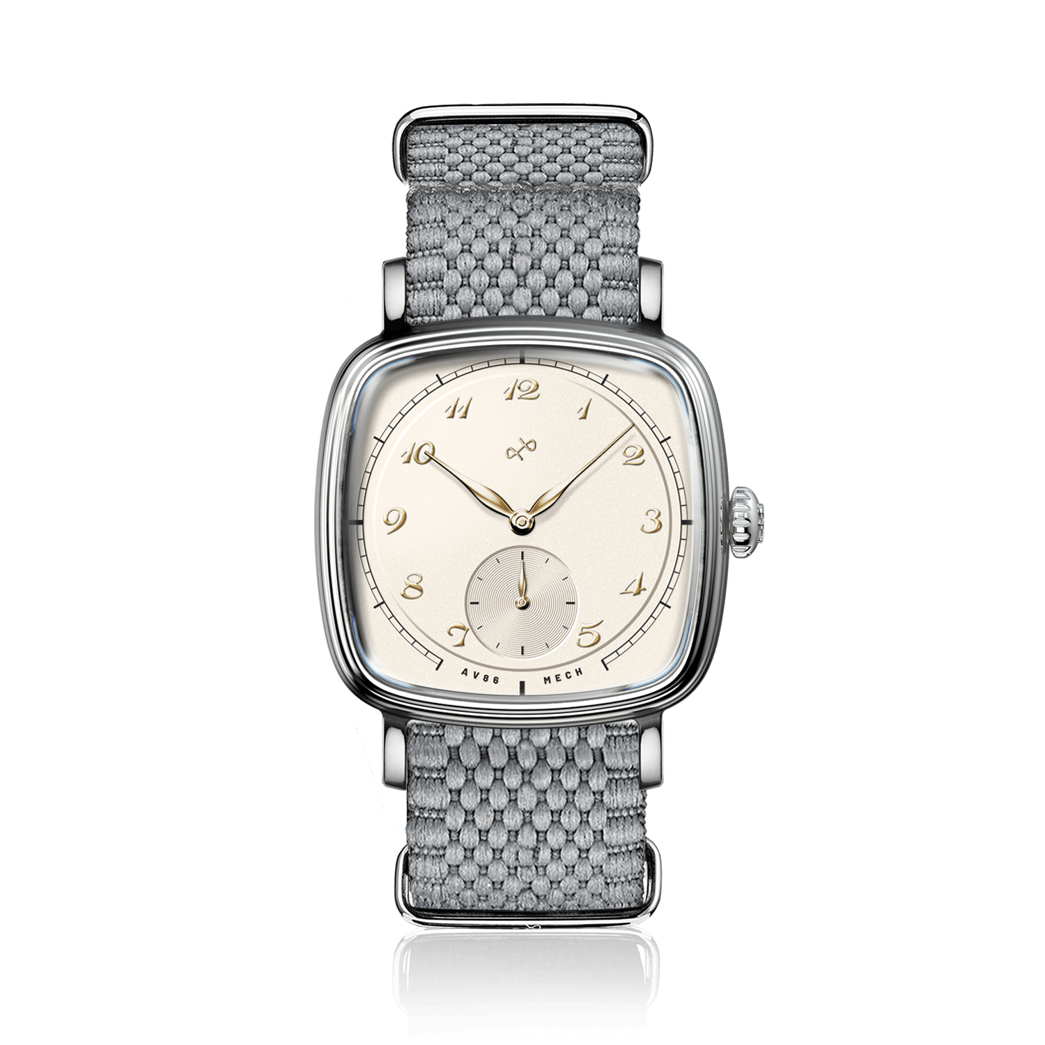 1954 Amalfi Mechanical, Steel / Off White by AV86 with a square steel case, off-white dial, and woven gray fabric strap.