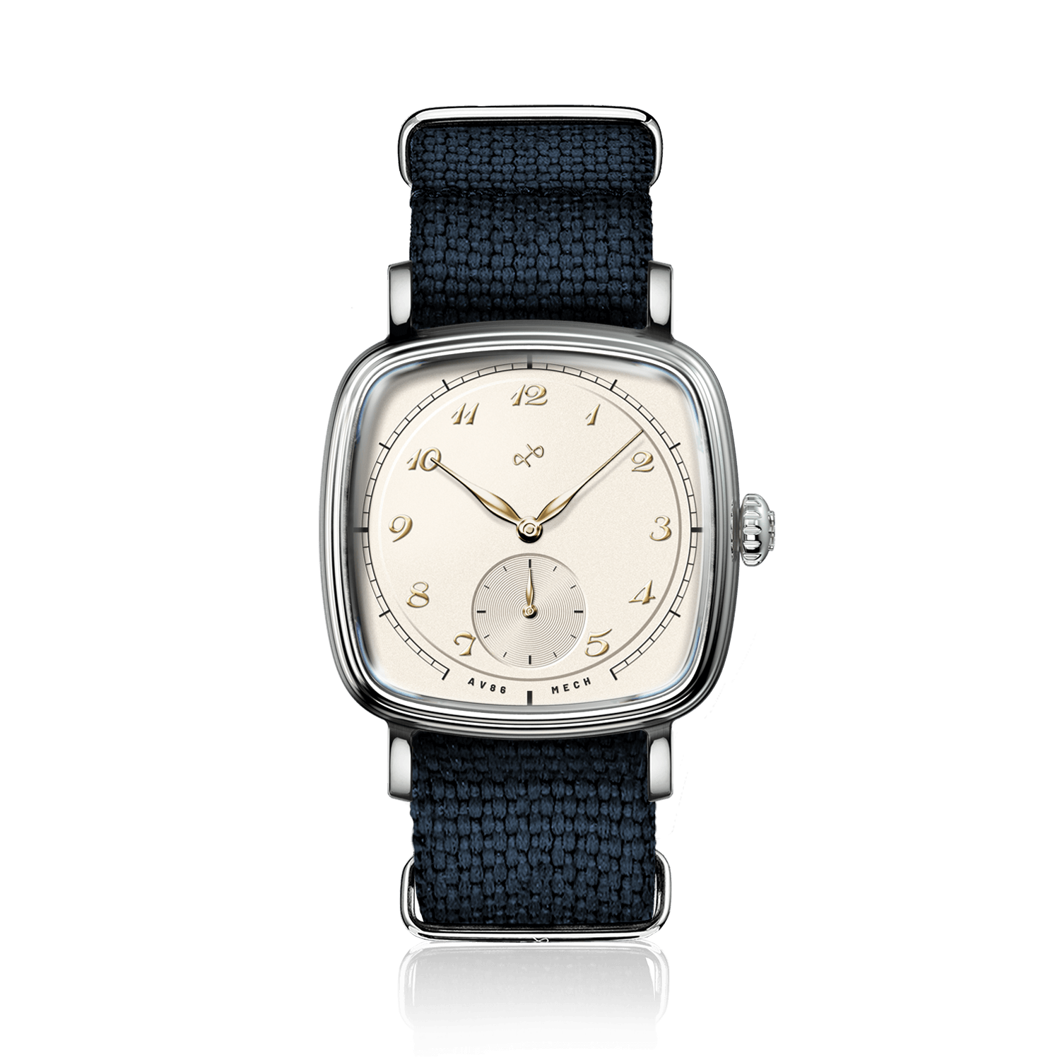 1954 Amalfi Mechanical, Steel / Off White watch by AV86 with vintage-inspired dial and blue textured strap, showcasing Danish design.