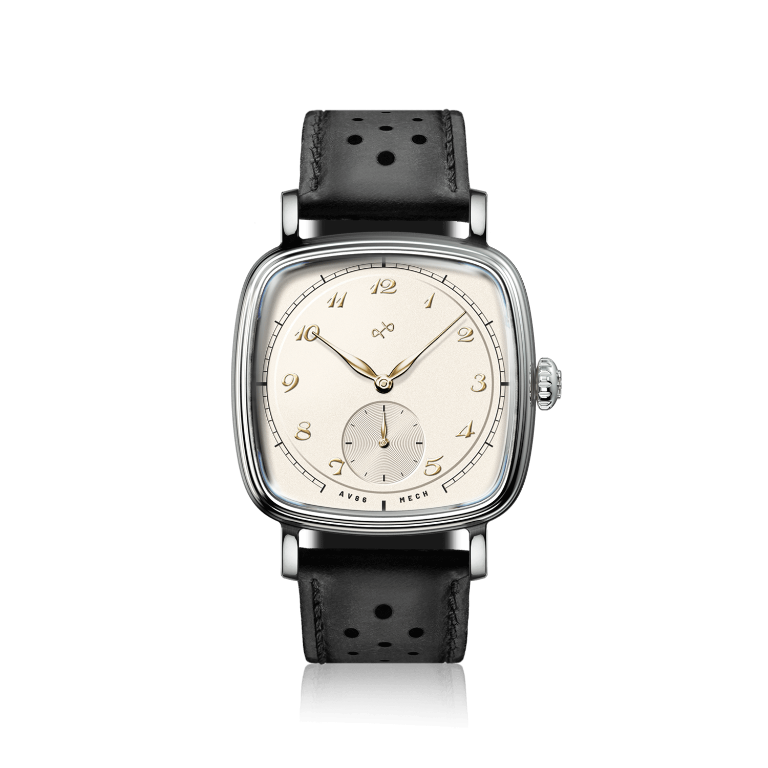1954 Amalfi Mechanical, Steel / Off White by AV86, luxury vintage-inspired watch with black perforated leather strap and classic dial design