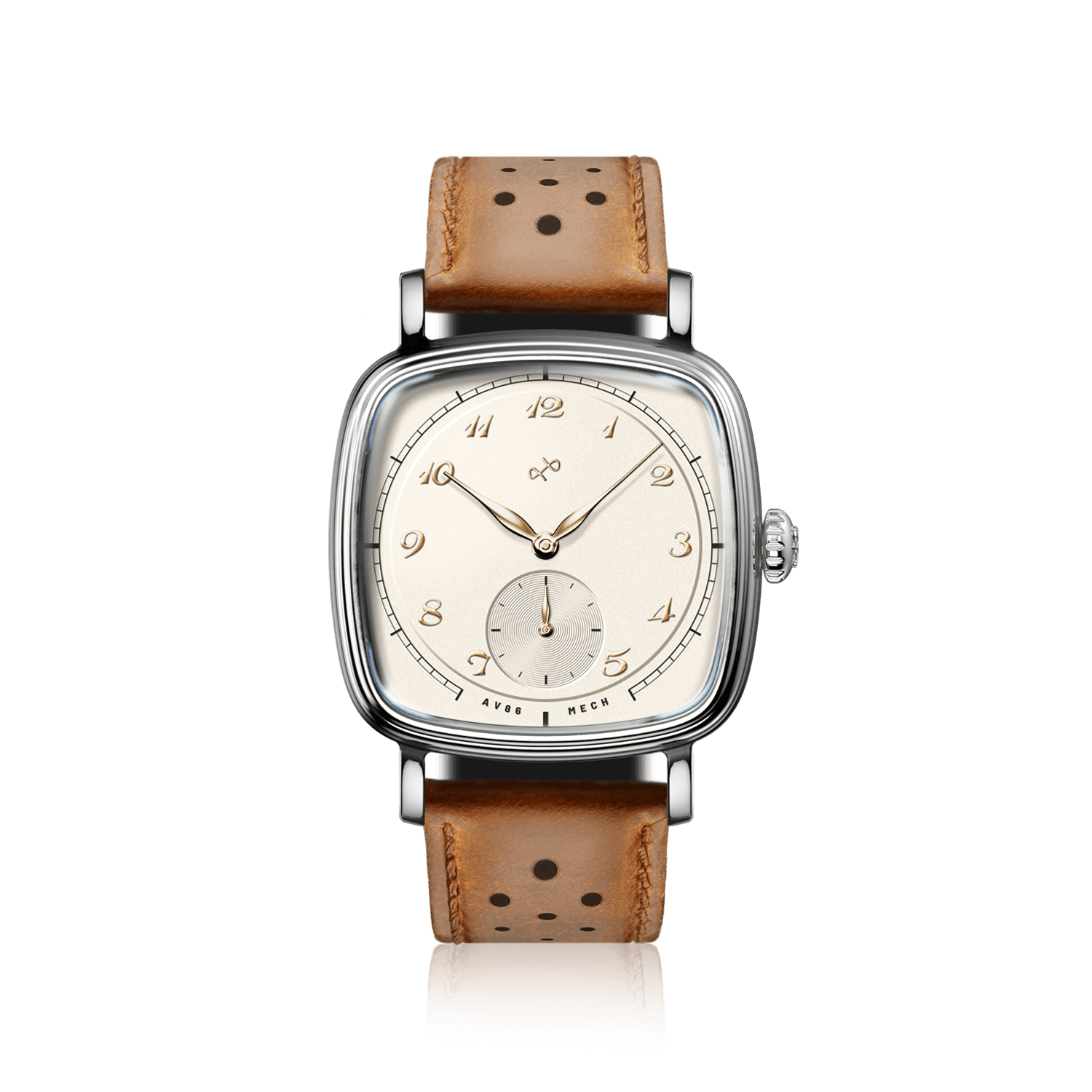 1954 Amalfi Mechanical, Steel / Off White by AV86, vintage-inspired watch with off-white dial and brown perforated leather strap