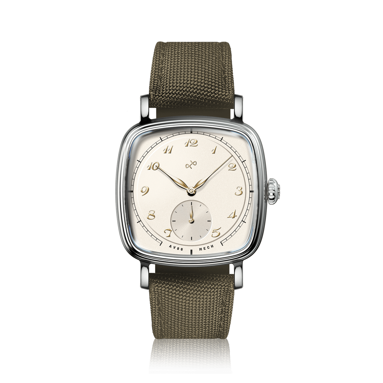 1954 Amalfi Mechanical, Steel / Off White by AV86 features a vintage-inspired silver case with off-white dial and olive green strap.