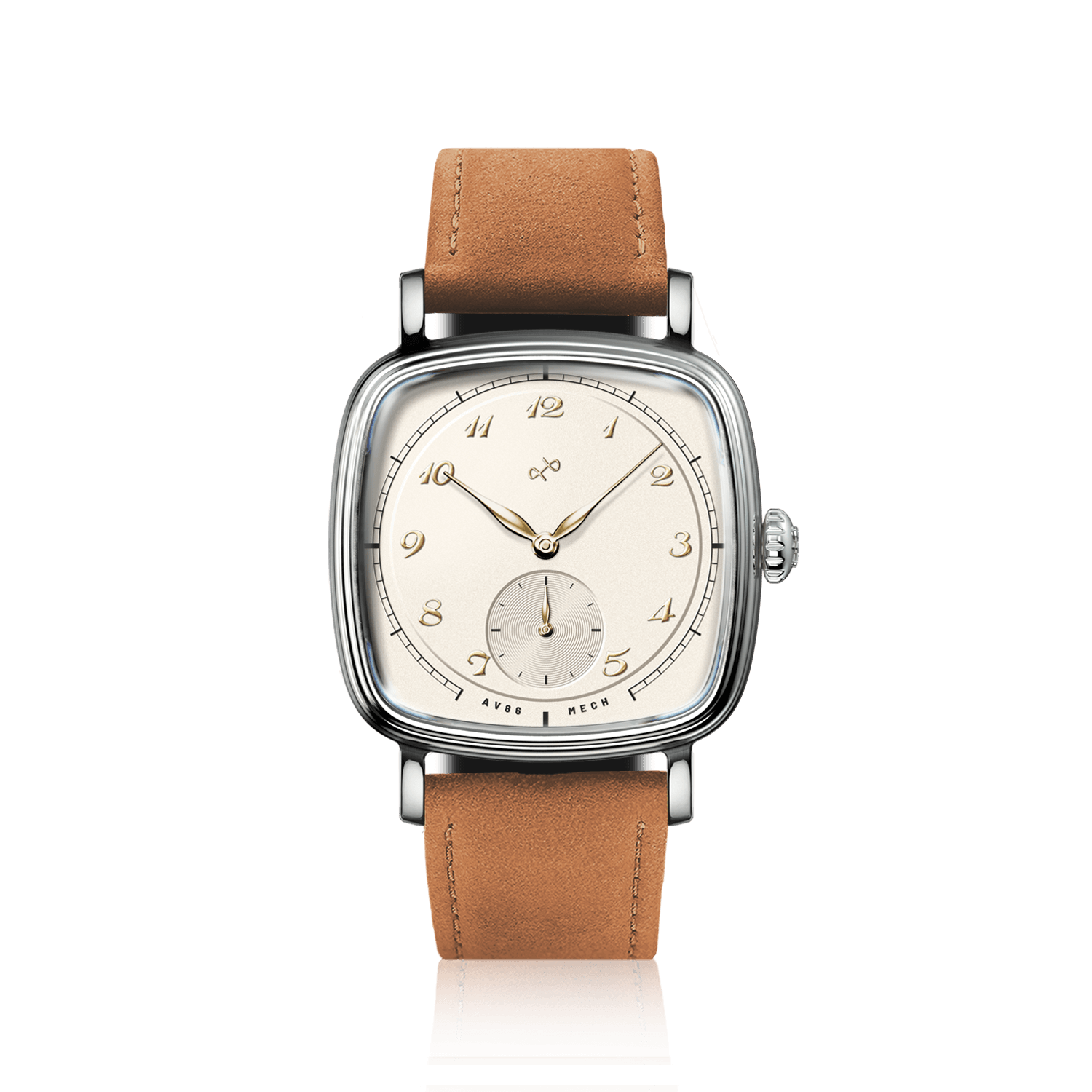 1954 Amalfi Mechanical, Steel / Off White by AV86, vintage-inspired watch with steel case and brown leather strap.