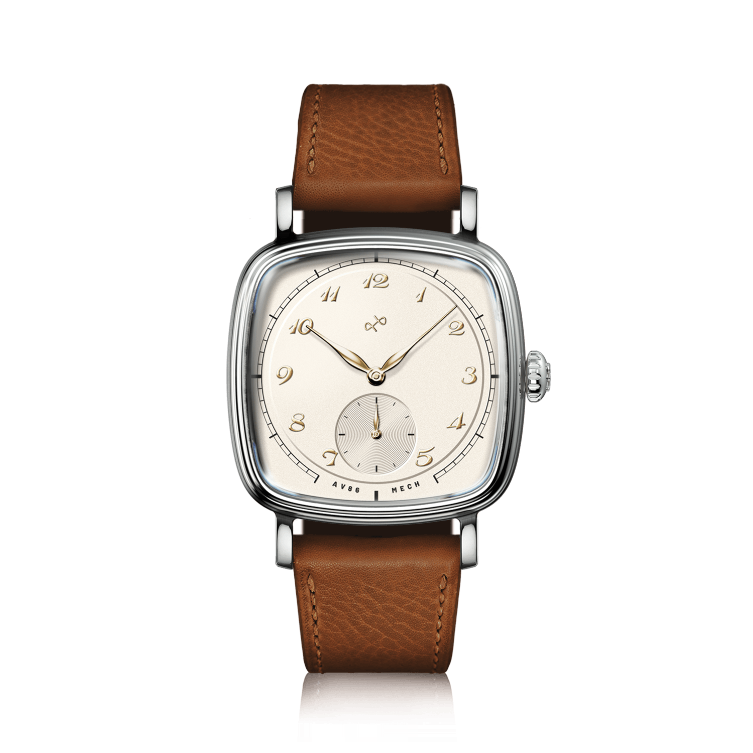 1954 Amalfi Mechanical, Steel / Off White by AV86, vintage-inspired watch with steel case and brown leather strap.