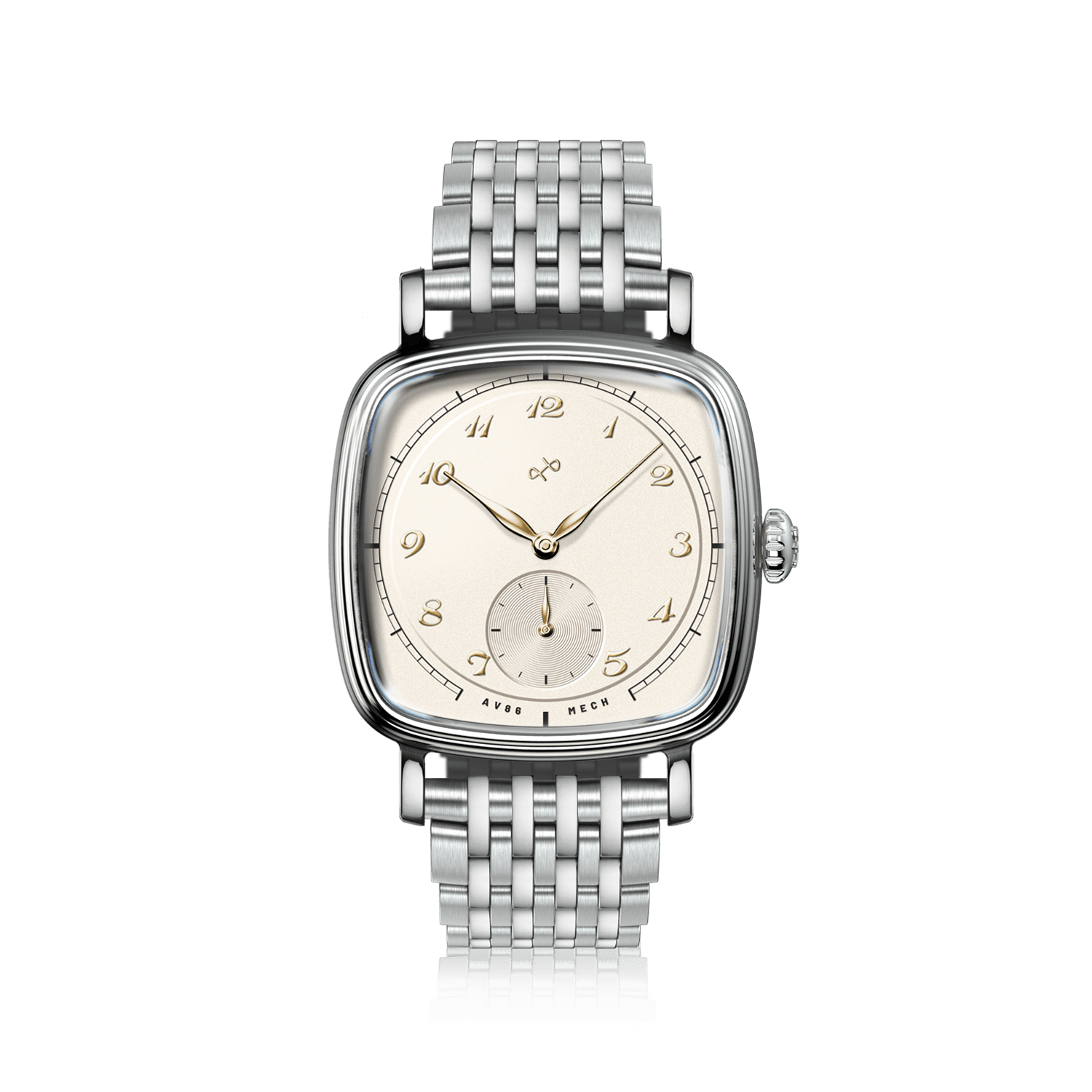 1954 Amalfi Mechanical by AV86 with polished cushion case, vintage-inspired dial, small seconds subdial, sapphire crystal, and stainless steel bracelet