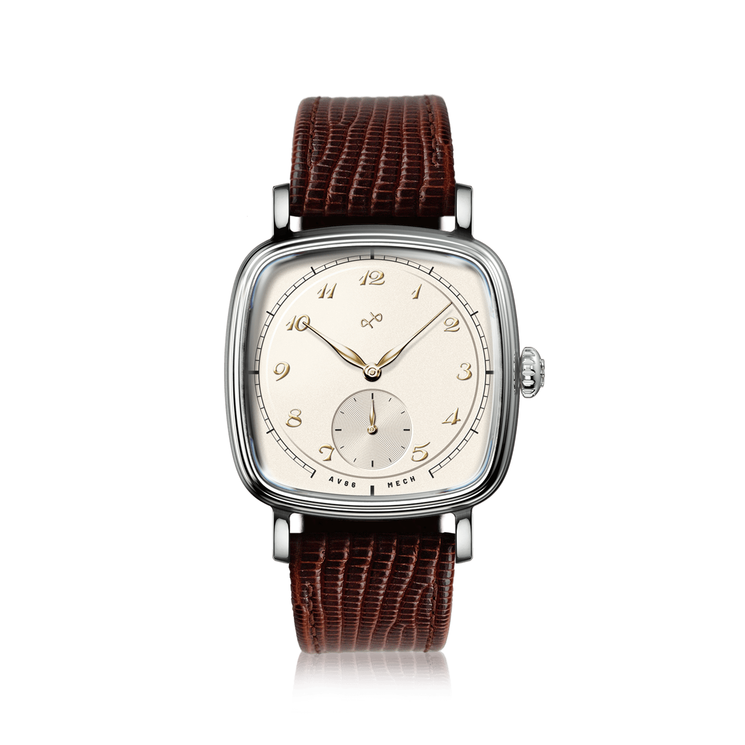 1954 Amalfi Mechanical by AV86 featuring cushion-shaped case, mechanical movement, textured dial, and brown leather strap