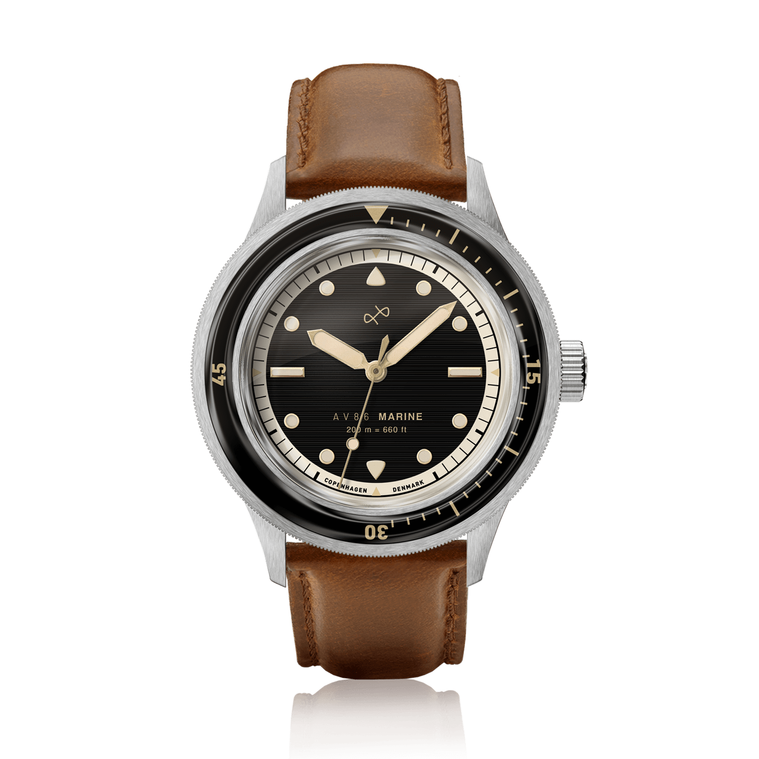 1956 Marine by AV86 vintage-inspired diver watch with sapphire crystal, rotating bezel, and brown leather strap
