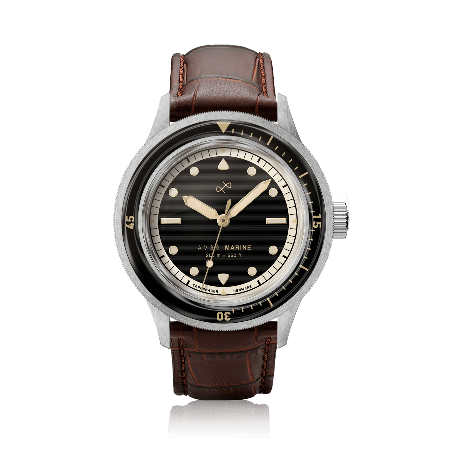 1956 Marine by AV86 vintage-inspired diver with black gilt dial, sapphire crystal, rotating bezel, and brown leather strap