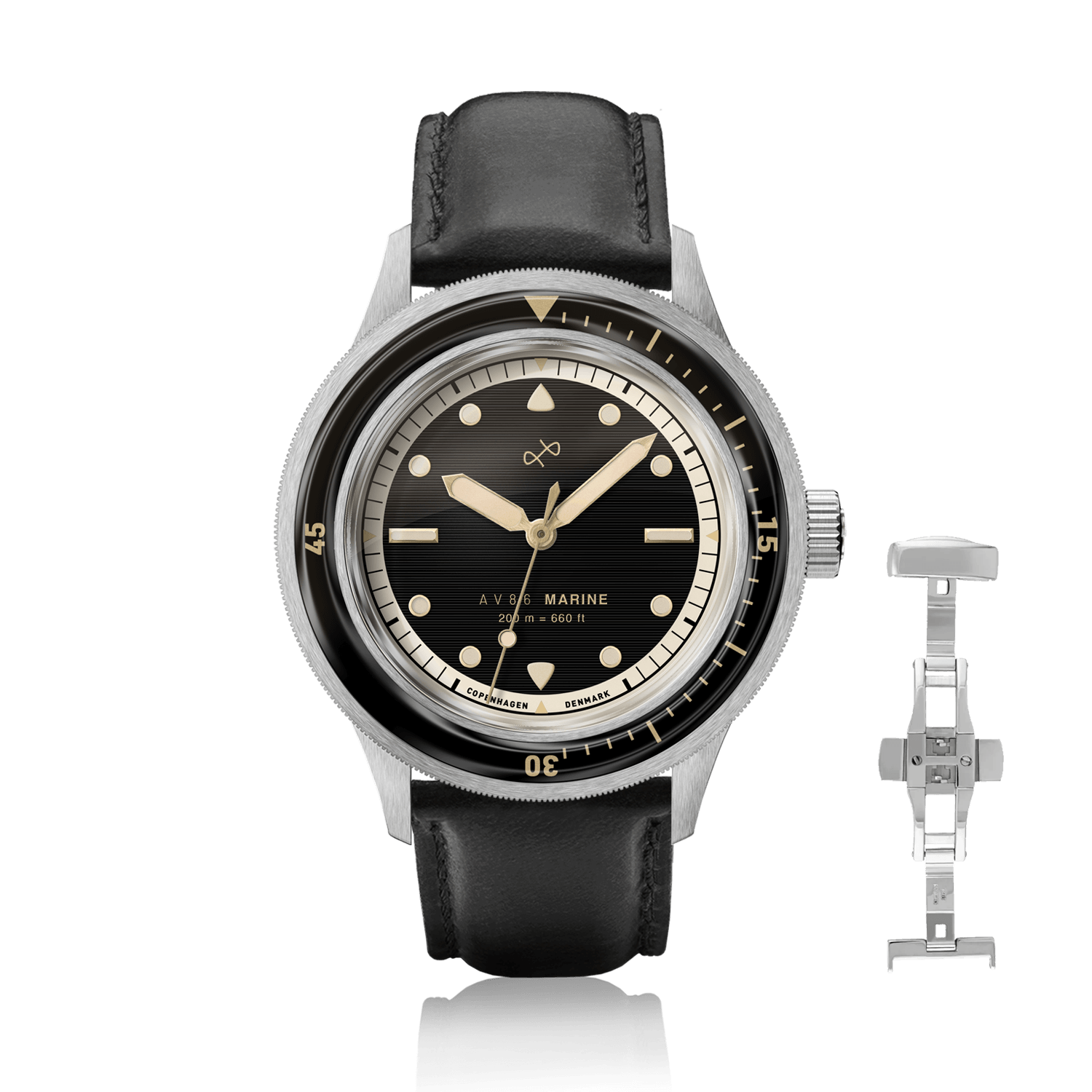 1956 Marine by AV86 vintage-inspired diver with sapphire crystal, bezel, black dial, and black leather strap with deployant clasp