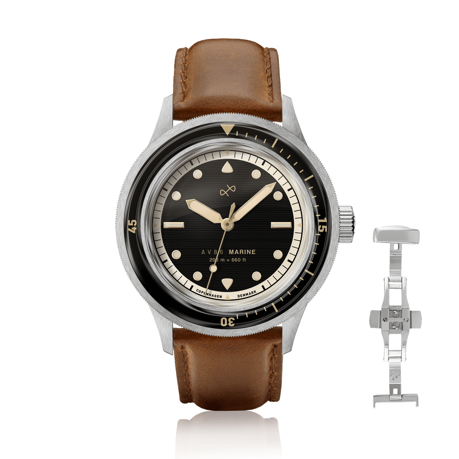 1956 Marine by AV86 vintage-inspired diver with compass bezel, sapphire crystal, black dial, and brown leather strap