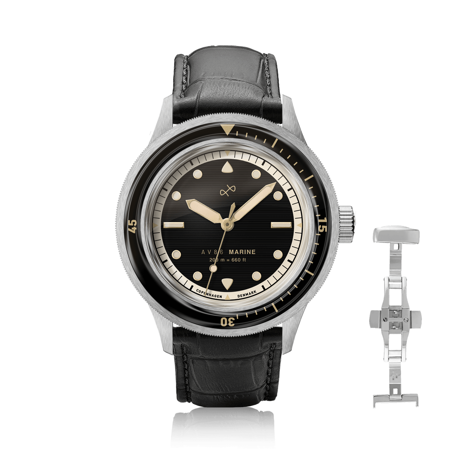 1956 Marine by AV86 vintage-inspired diver with sapphire crystal, rotating bezel, and black leather strap with deployant clasp