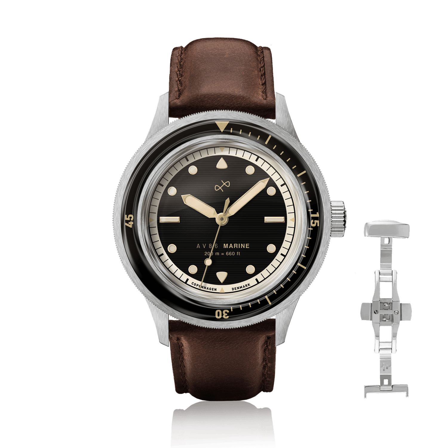 1956 Marine by AV86 vintage-inspired diver with sapphire crystal, rotating bezel, black dial, and brown leather strap with deployant clasp