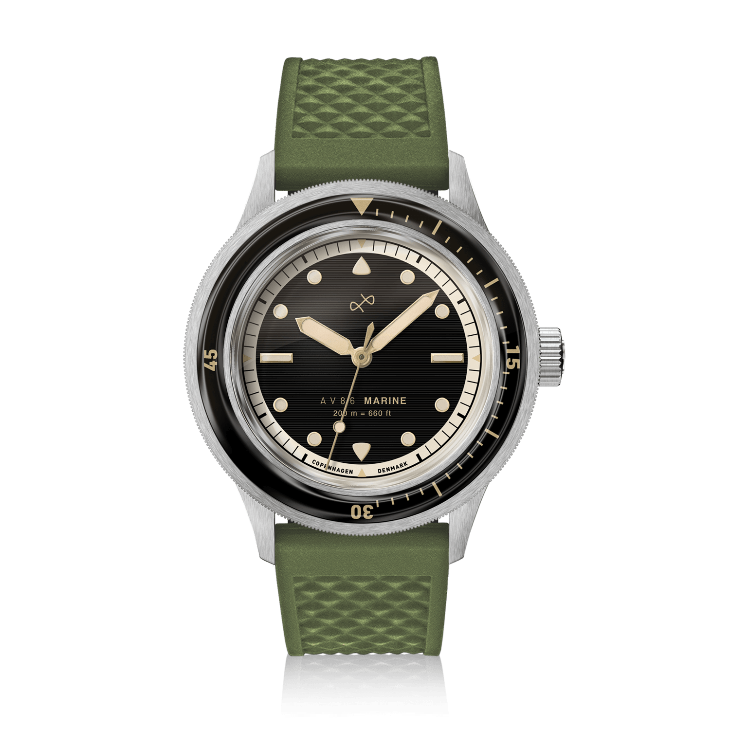 1956 Marine by AV86 vintage-inspired diver with sapphire crystal, rotating bezel, luminous markers, and textured rubber strap