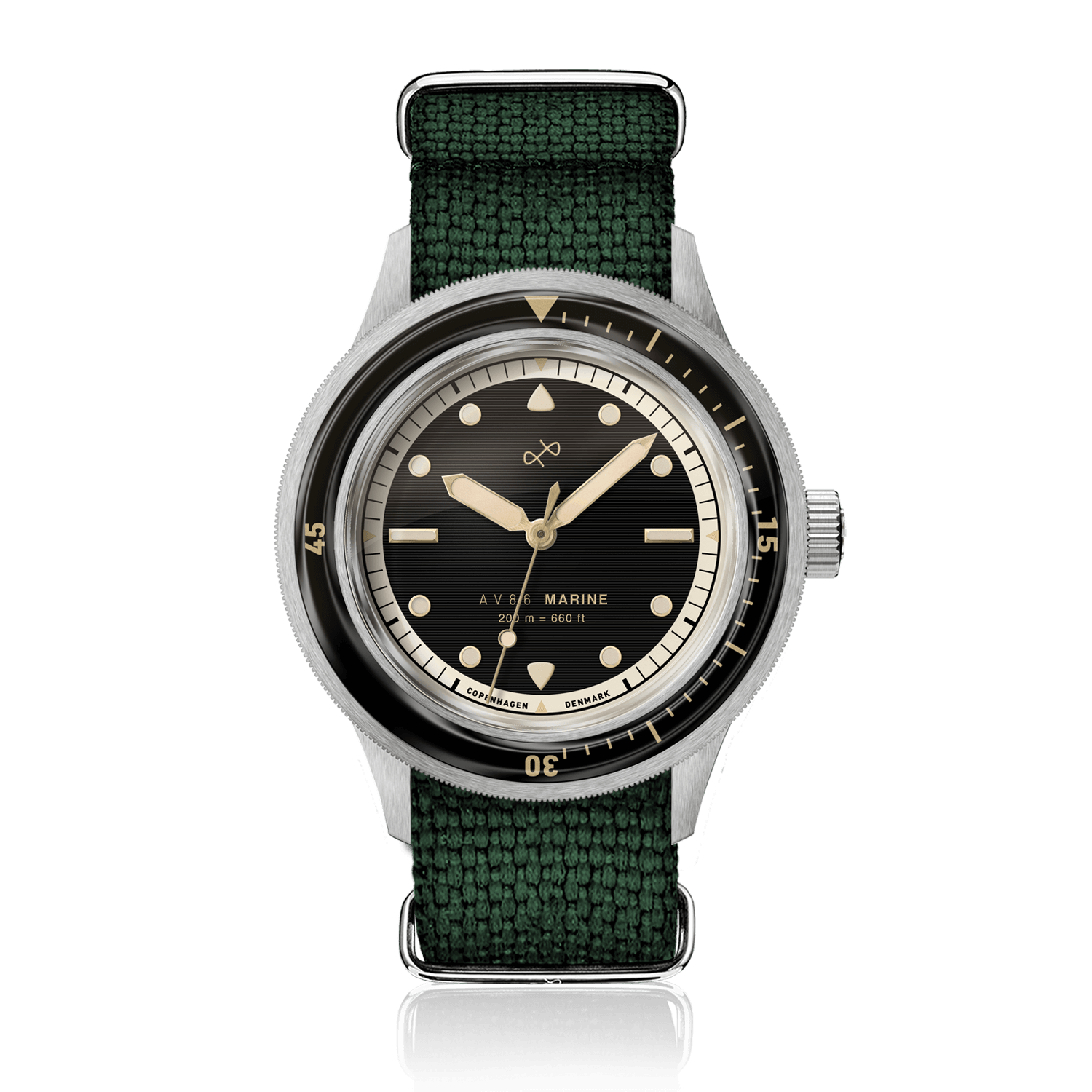 1956 Marine by AV86 vintage-inspired diver with sapphire crystal, rotating bezel, and textured fabric strap in Nordic minimalist style