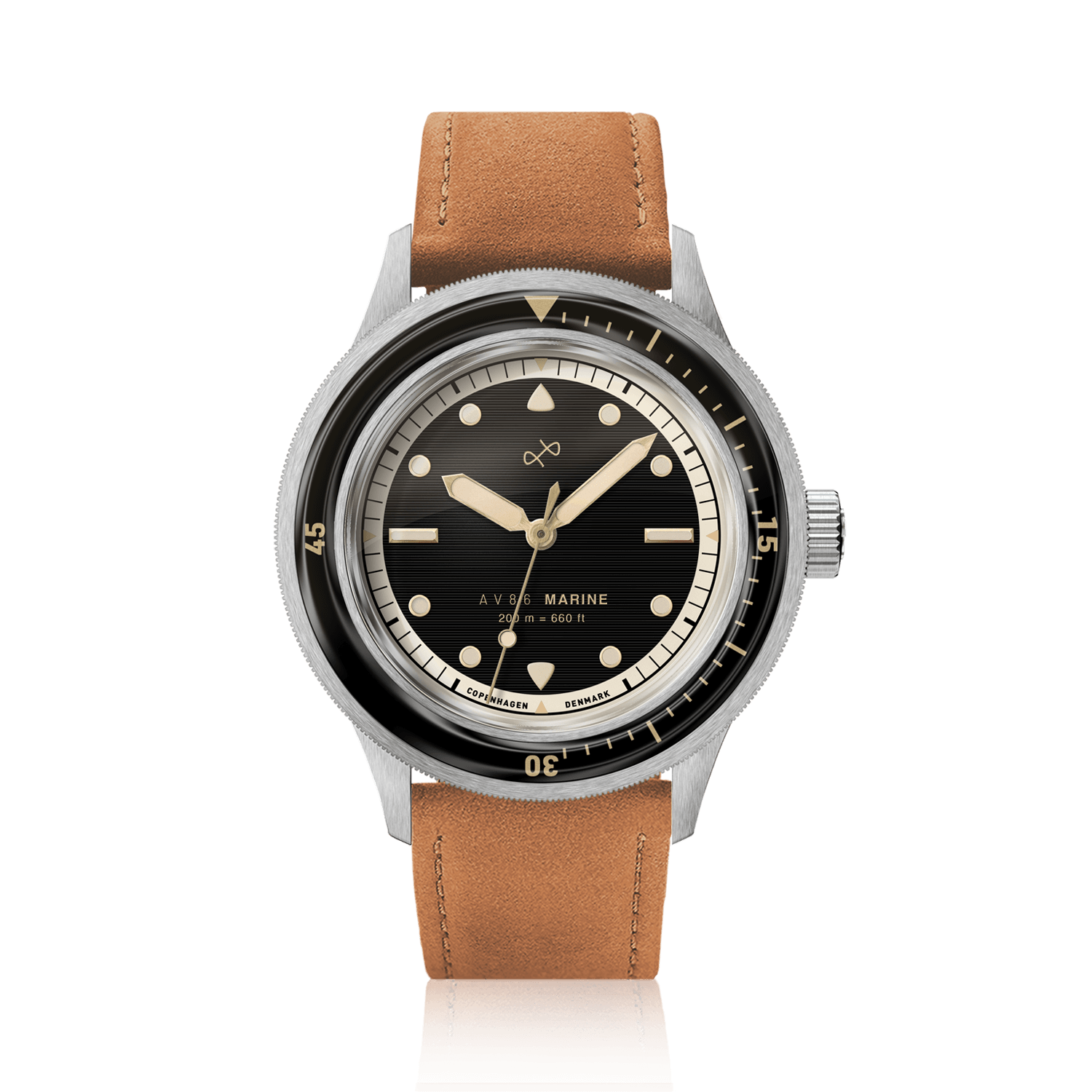 1956 Marine by AV86 vintage-inspired diver with sapphire crystal, rotating bezel, matte dial, and tan leather strap